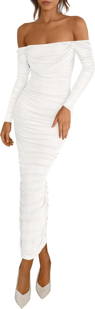 PRETTYGARDEN Womens 2025 Fall Long Sleeve Maxi Dress Off Shoulder Mesh Ruched Bodycon Trendy Long Wedding Guest Dresses (XX-Large, White)