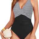 Zando Women V Neck Ruched One Piece Swimsuit Tummy Control Front Cross Wrap Bathing Swim Suit Swimwear (Black, L)