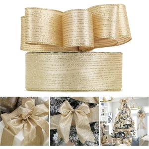 AIMUDI Gold Christmas Ribbon 2.5" Champagne Wired Ribbon Christmas Ribbon Wired Gold Glitter Ribbon for Christmas Tree Wreaths Gift Wrapping Tree Topper Bows Wedding Holiday Home Decor - 50 Yards