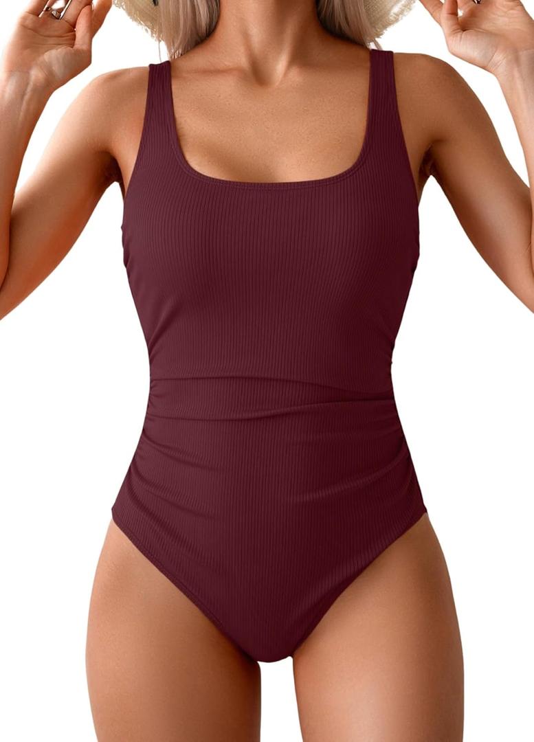 One Piece Swimsuit for Women Ribbed Tummy Control Bathing Suit Ruched Swim Suit Slimming Swimwear (Medium, Wine Red)