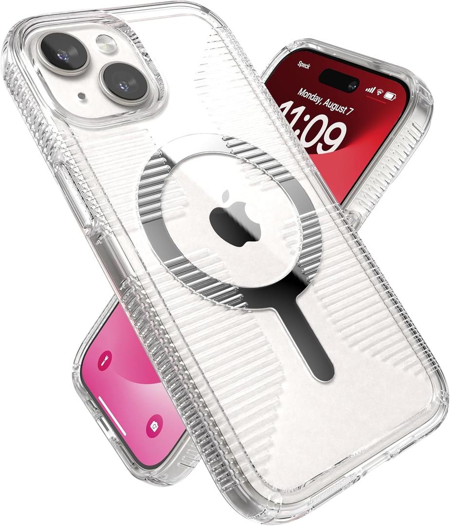 Speck Clear iPhone 15 Case - Slim, Built for MagSafe, Drop Protection Grip - for iPhone 15, iPhone 14 & iPhone 13 - Scratch Resistant, Anti-Yellowing, 6.1 Inch Phone Case - GemShell Grip Clear