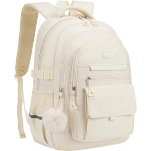 Cute Teen Girls Backpack, Big Student School Backpack Laptop Bookbag for College Women Aesthetic Middle High School Bag, Mochilas Escolares, Beige (15.6in)