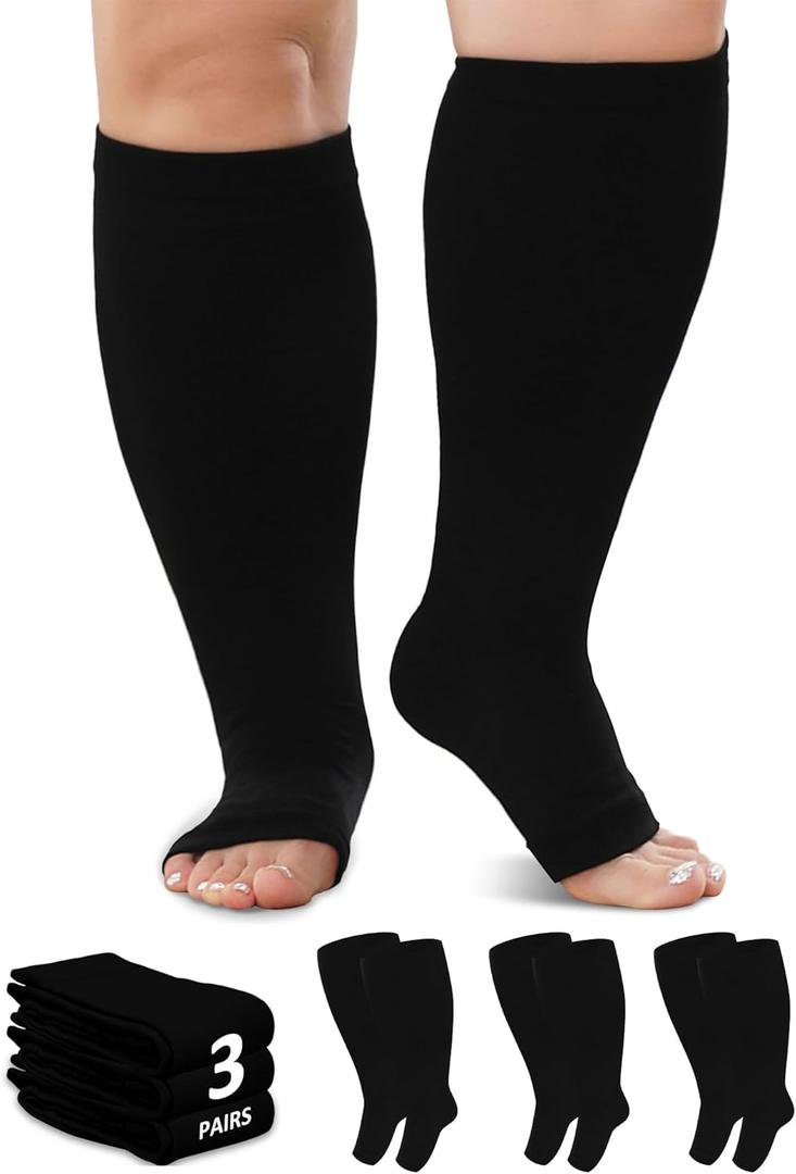 Plus Size Toeless Compression Socks 20-30mmHg Wide Calf for Men Women, Open Toe Stockings for Circulation, Edema, Varicose Veins, Nursing, Travel, Running(3 Pairs) (4XL, BLACK)