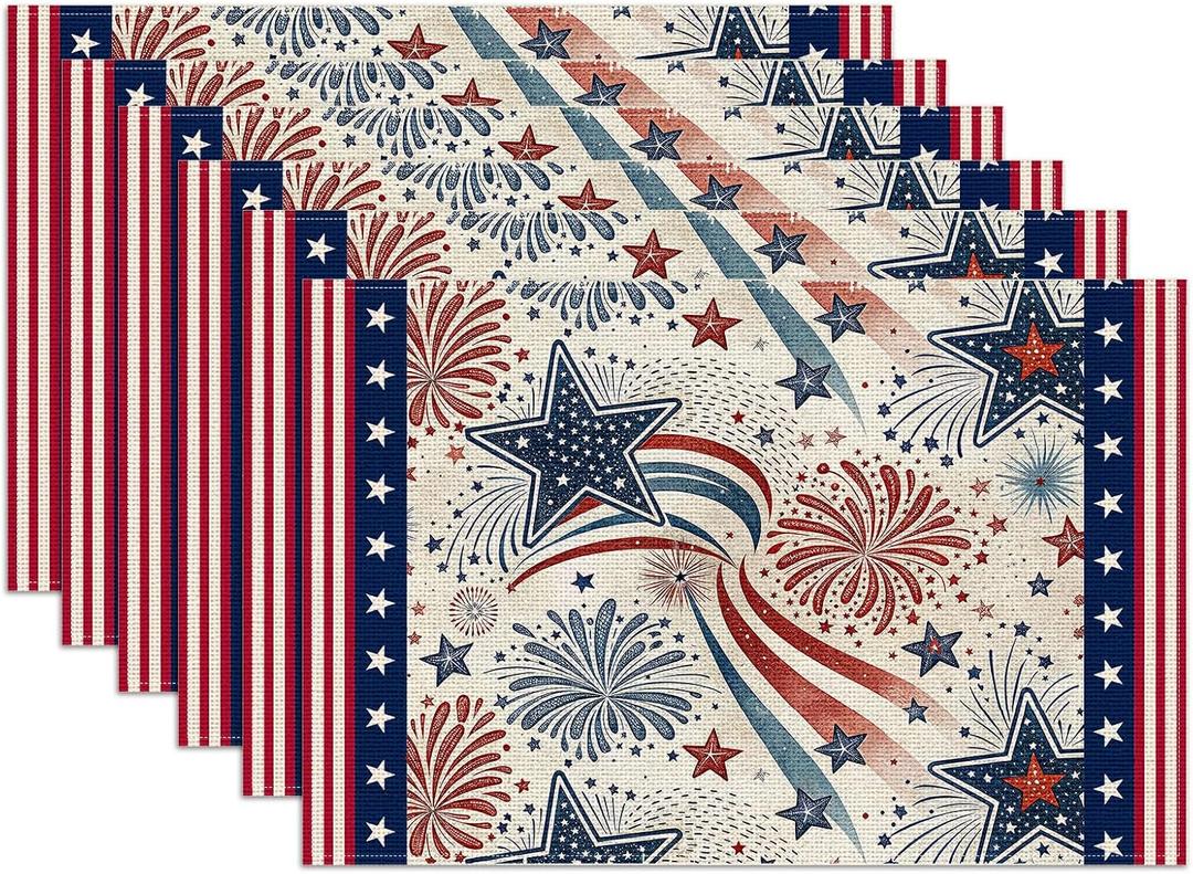 4th of July Placemats Set of 6, American Star Linen Place Mat Washable Stain Resistant Table Mats for Farmhouse Kitchen Dining Holiday Party Wedding Decor 12x18 Inch