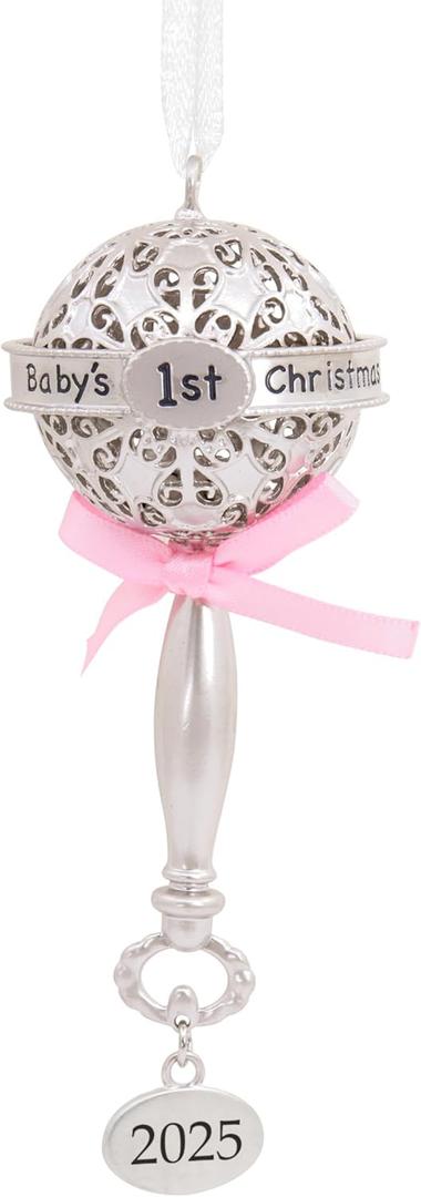 Hallmark Baby's First Christmas Silver Rattle with Pink Ribbon 2025 Christmas Ornament, Metal, New Baby Gifts