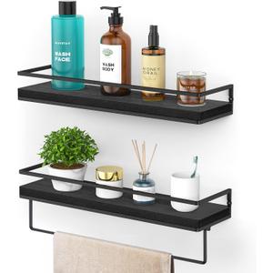 Meangood Floating Shelves Wall Mounted Set of 2, Wall Shelf with Towel Bar Rustic Wood Wall Storage Shelves for Bedroom,Living Room,Bathroom, Kitchen Black