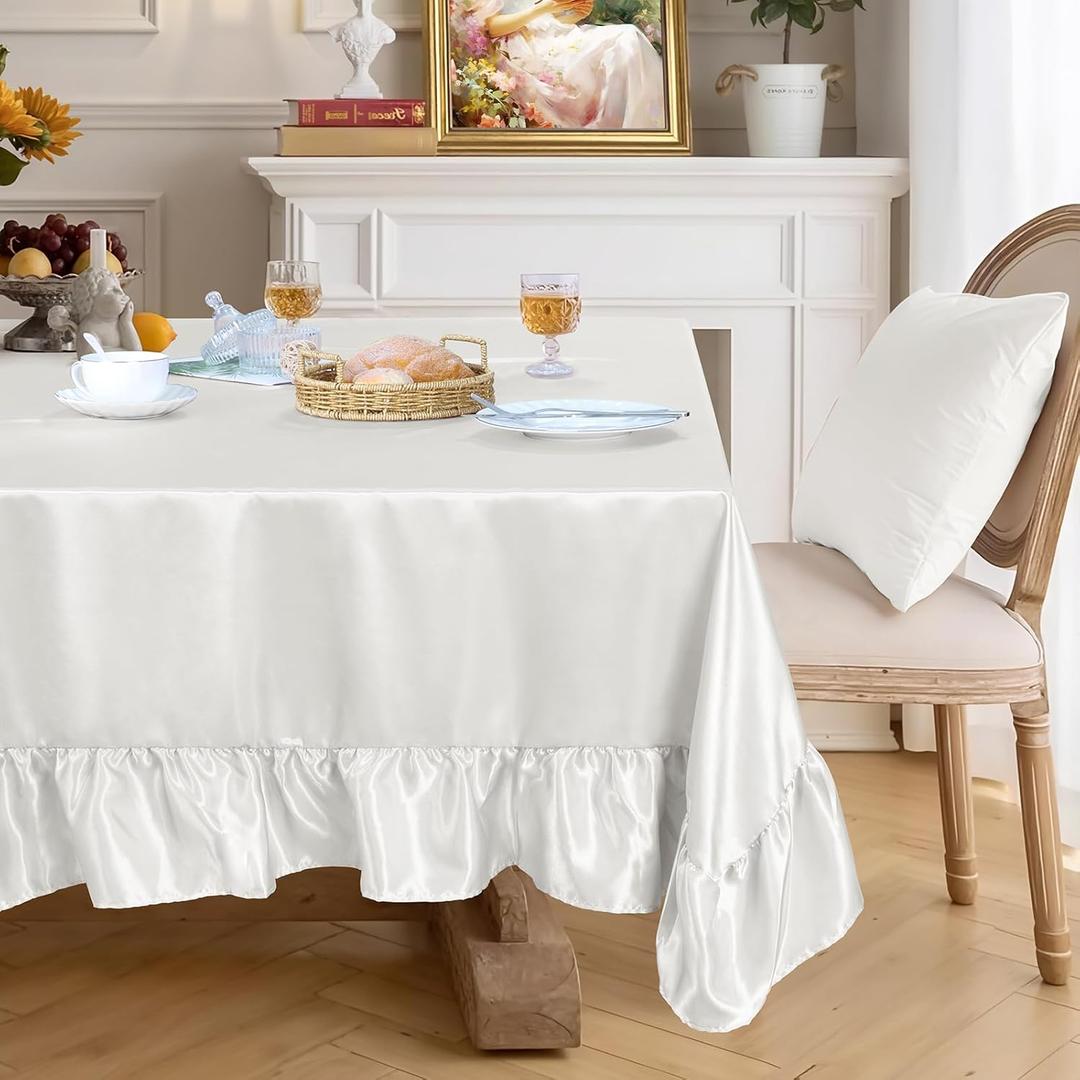 Ersmak Satin Ruffle Edge Tablecloth - White Satin Table Cover 60 x 102 Inch Rectangle Bright Silk Table Cloth for Weddings, Banquets, or Home Dining