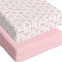 Breling 2 Pcs Muslin Pink Bow Crib Sheets for Girl Soft and Breathable 100% Cotton Crib Baby Bed Sheets Fitted Coquette Bow Mattress Cover for 52''x 28'' Standard Mattress Size