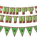 IndoTribe Pixel Happy Birthday Banner Pre-strung - 10ft Pennant Banner Flag Video Game Birthday Decorations Miner Backdrop Gaming Birthday Party Decorations Gamer Party Decorations (Green Set)