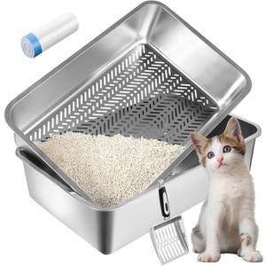 XXL 23.6" L x 15.7" W x 8" H Stainless Steel Sifting Litter Box for Pine Pellets, Metal Litter Pan for Big Cats, Non Clumping Sifter Litter System with Liners Scoop, Odor Control, Easy Clean