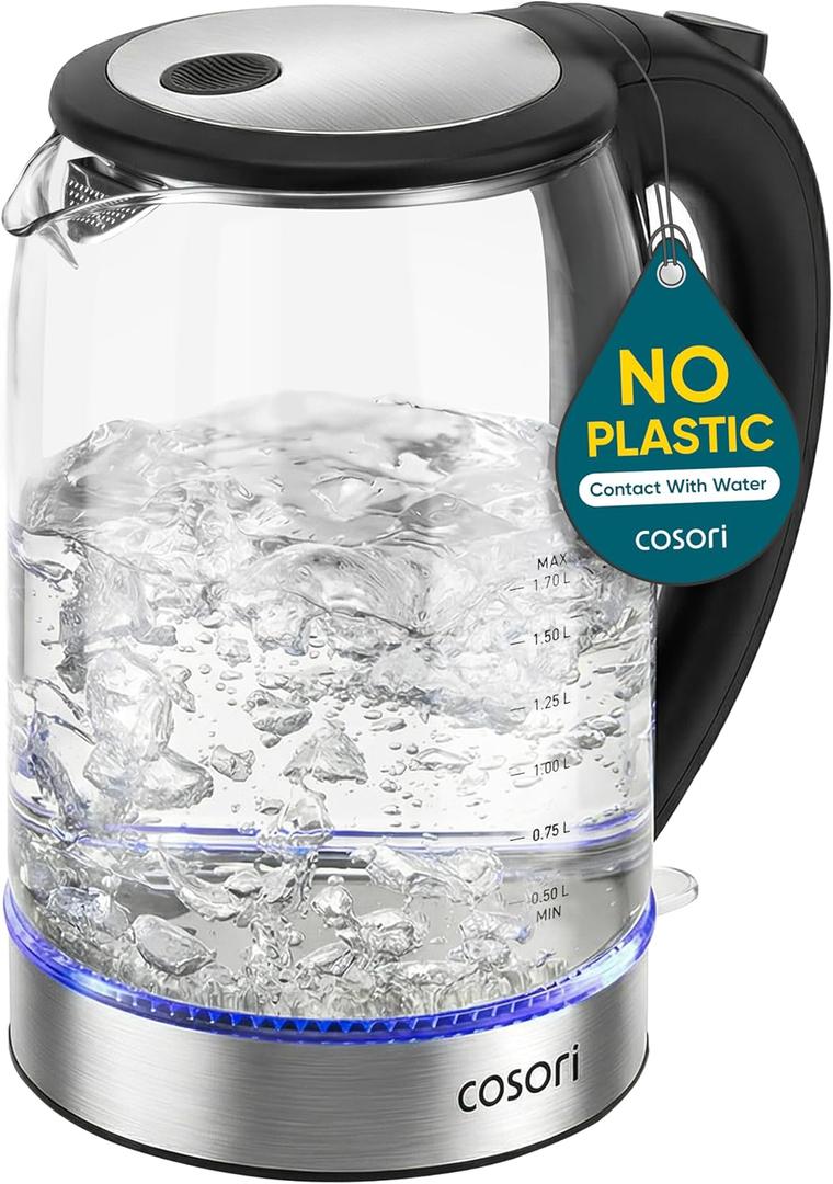 Cosori Electric Kettle, No Plastic Contact With Water, Wide Mouth For Easy Cleaning, Auto Shut Off, 1.7L Tea Kettle & Hot Water Boiler, Water Heater & Teapot, Borosilicate Glass, Black, 1500W (1.8 Quarts)