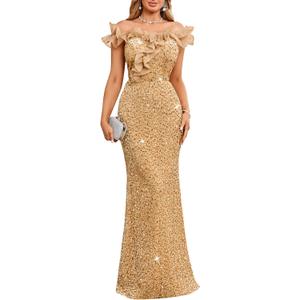 Cololura Women Off Shoulder Ruffles Sparkly Sequin Mermaid Bodycon Evening Party Gown Maxi Dress 