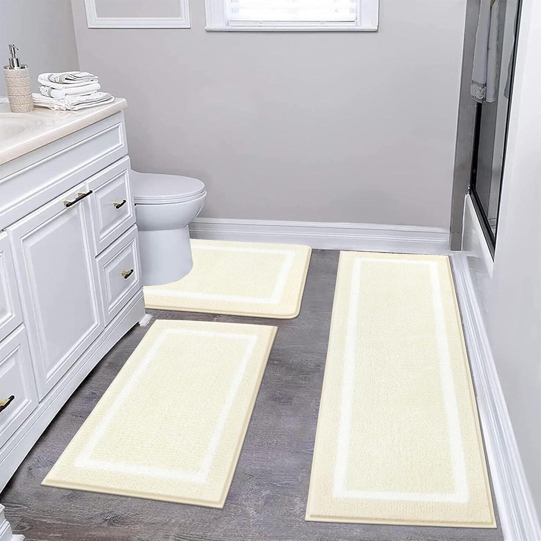 Pauwer 3 Piece Bath Mat Set, Non-Slip Plush Rugs, Absorbent Shaggy Set With U-Shaped Contour Toilet Mat for Bathroom, Bedroom, Living Room - Dusty Pink (18"x26"+18"x48"+U Shape 20"x24", Ivory)