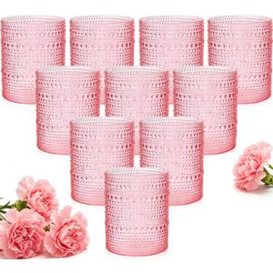 YOUBET 24PCS Plastic Drinking Glasses - 14OZ Pink Hobnail Drinkware Glasses - Vintage Glassware Textured Beaded Cups for Water, Beer, Whiskey, Juice and Various Mixed Drinks Mothers Day