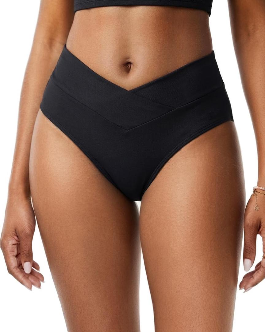 Women Plus Size V Cut Full Coverage Bikini Bottom - High Waist Swim Bathing Suit Bottoms Cross V Front Swimsuit Black 20W