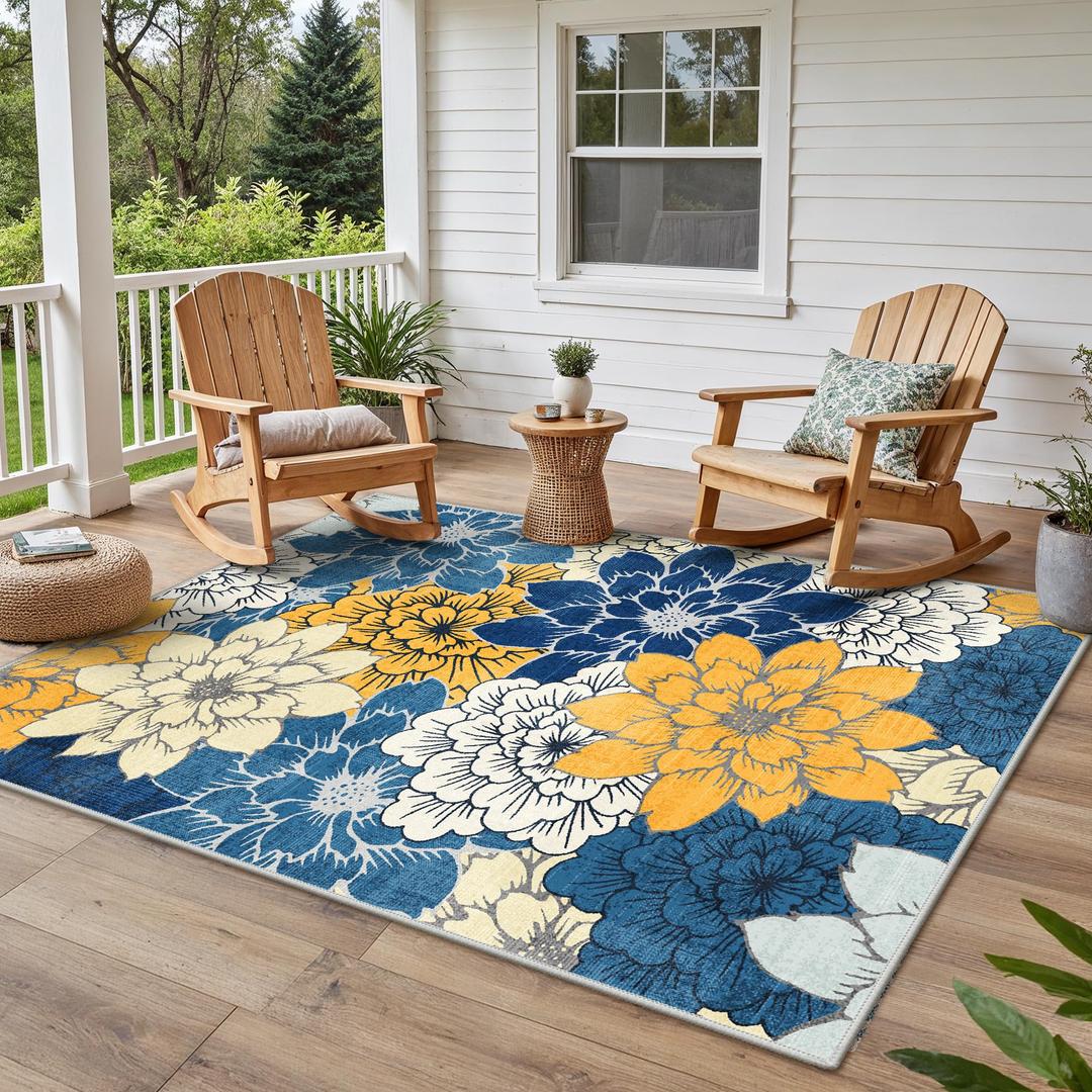 GENIMO 6x9 Outdoor Rug, Washable for Patio and Deck, Blue Yellow