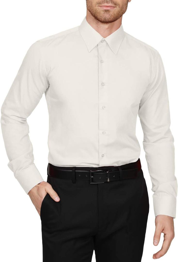 NE PEOPLE Men's Dress Shirt Classic Long Sleeve Slim Fit Button Down Solid Color Top, L (Ivory)