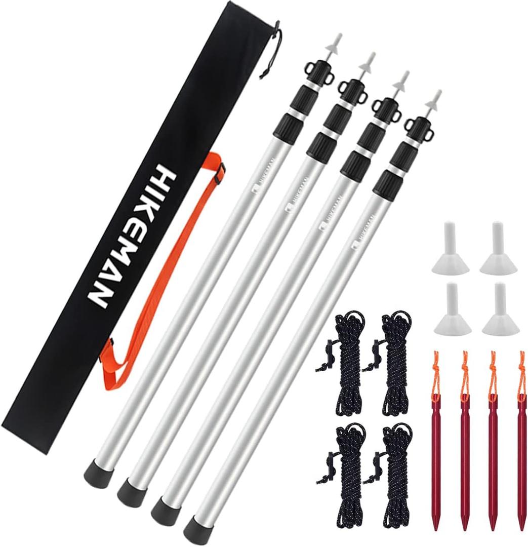 HIKEMAN Tent Poles Camping Poles for Tarp Awning Canopy Porch Sun Sails Tarpaulin Headroom Aluminum Adjustable Telescoping ((4 pieces) silver)