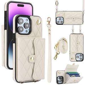 XIZYO for iPhone 15 Pro Max Case, Wallet Cute Leather Case with Card Holder Crossbody Cover for Women Girls Strap Wristlet RFID Blocking Shockproof Protective Cover, White