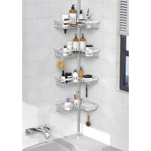 Daoun 4-Tier Shower Caddy/Shower Organizer - Corner Standing Tension Pole Adjustable 25-114.2 inches Built in 2 Soap Holder Rustproof Silver Finish