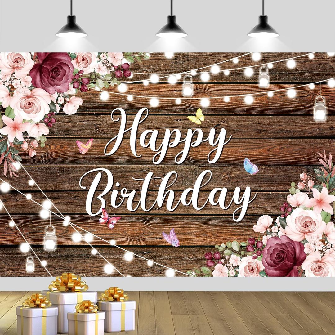 YinQin 180x120 cm Rustic Wood Flower Birthday Backdrops Photo Cloth 71x47 inch Happy Bday Photography Backgrounds Wooden Floral Butterfly Happy Birthday Sign Banner Decoration for Women Girl