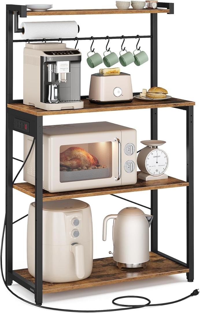 VASAGLE Kitchen Bakers Rack with Power Outlet, Coffee Bar 4-Tier with 8 S Hooks, Microwave Stand, Adjustable Shelf, 15.7 x 31.5 x 55.1 Inches, Rustic Brown and Ink Black UKKS029KD01