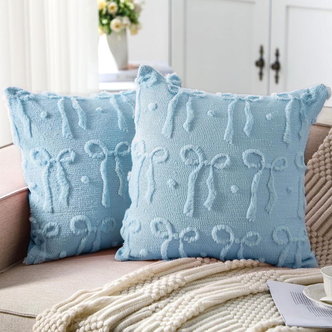 Mixweer Blue Bow Throw Pillow Covers 18x18 Set of 2 Coquette Decorative Pillow Covers Soft Plush Faux Wool Aesthetic Pillowcases Preppy Room Decor for Bed Sofa Couch Living Room