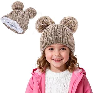 Zando Satin Lined Toddler Winter Hat Warm Kids Knit Beanie Hat Silk Lined Baby Girls Boys Double Pom Pom Children 3-8 Years (Two Tone Brown)