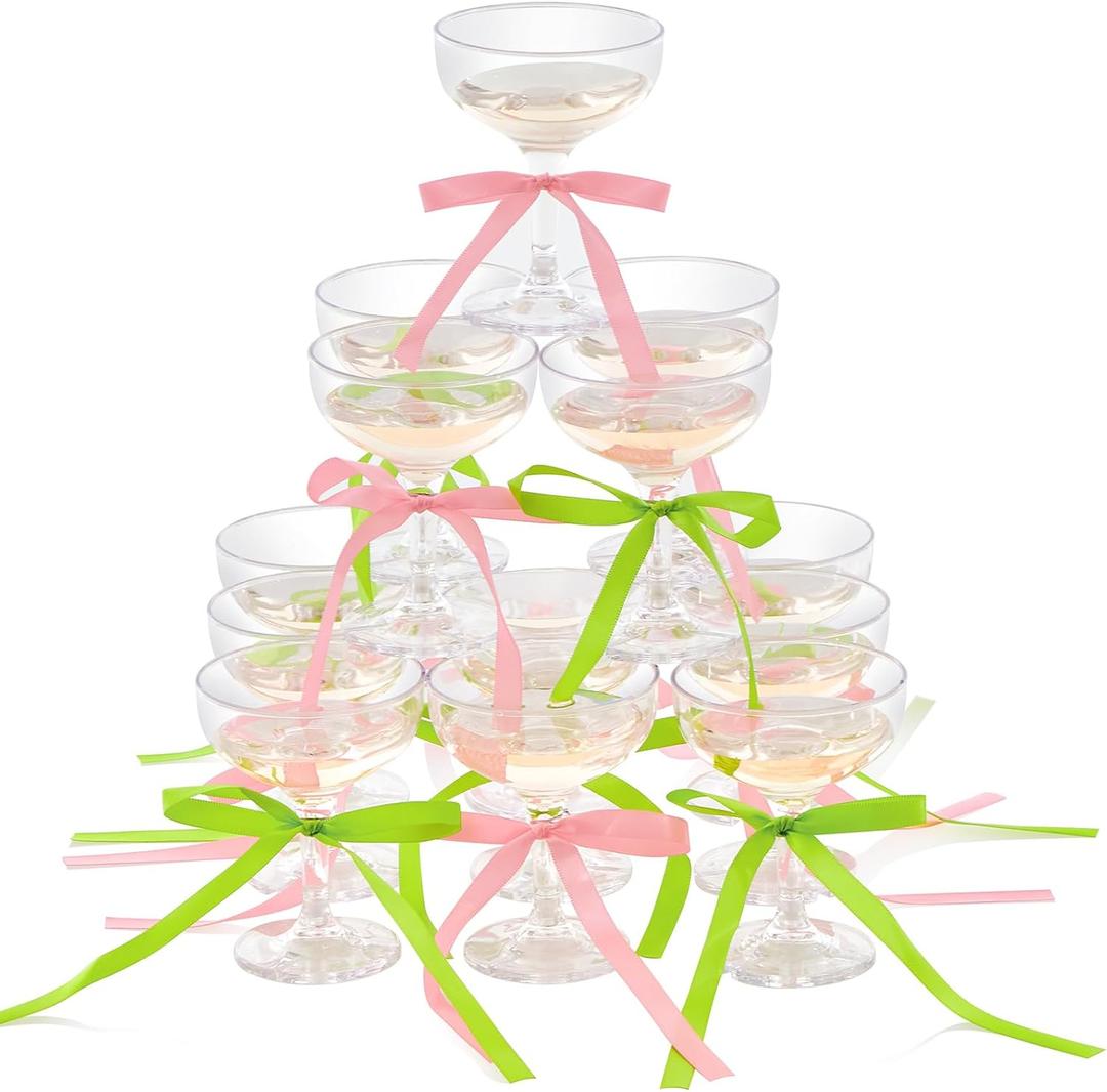 Maxdot 20 Set A Tini Bit Older Espresso Martini Birthday Party Supplies 5 oz Plastic Martini Glasses Acrylic Coupe Glasses Champagne Tower with Bows for Bachelorette Decoration(Pink, Green)