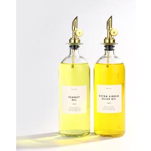 Molimoli Oil and Vinegar Dispenser with Metal Pour Spout, Weighted Pourer, Glass Bottle Dispenser for Kitchen, Olive Oil Cruet, Glass Olive Oil Bottle | 500ml, Set of 2 (Gold)