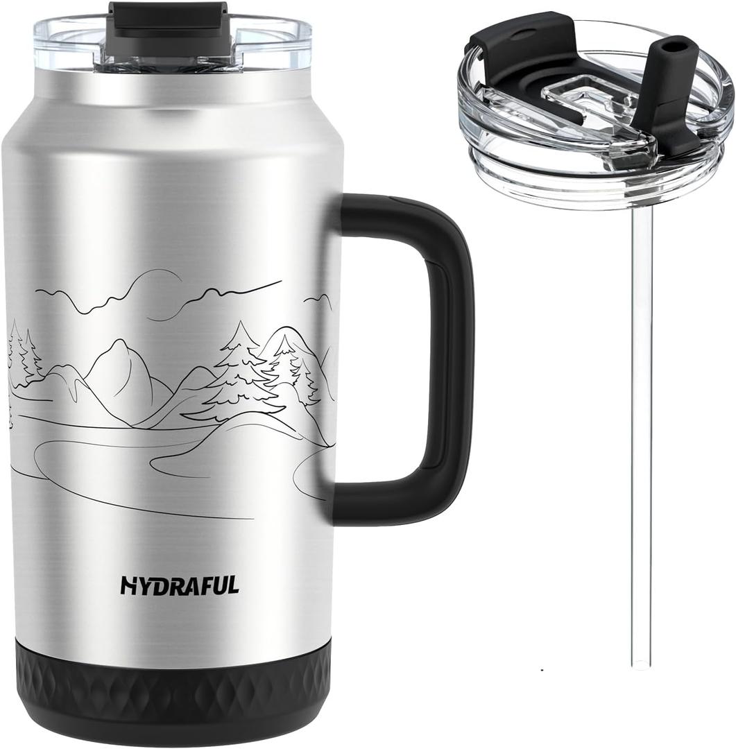 Hydraful 64 oz Tumbler with Handle and Straw - 100% Leak-Proof - Insulated Cup Reusable Stainless Steel Large Water Bottle Travel Mug for Gym, Hiking, and Camping - Gifts for Women Men Him Her (Silver)