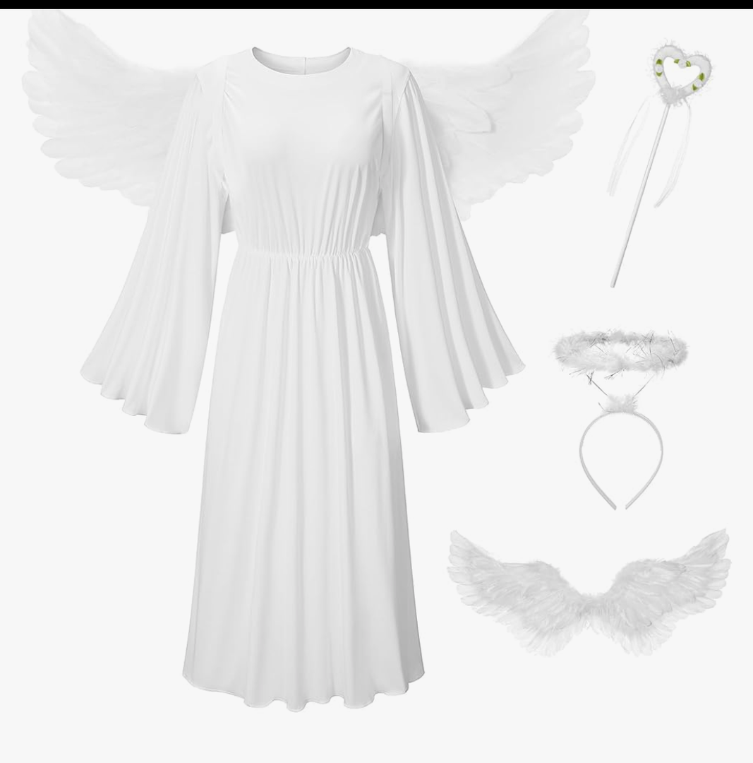 Irtysh Women Angel Costume With Angel Feather Wings headband Wand Set For Halloween Outfit Birthday Cosplay Costume, White, L