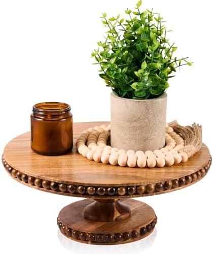 THORNIA Acacia Wood Cake Stand with Handcrafted Beaded Edge - 12 inch Round Decorative Tray & Display Stand for Wedding, Rustic Home Decor, Centerpiece, Desserts, Vanity or Coffee Table
