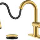 KENES Pull Down Bathroom Faucet with Sprayer, Brushed Gold Single Handle Bathroom Sink Faucet with Pull Out Sprayer, Vanity Bar Faucet with Pop Up Drain & Deck Plate, LJ9055A4