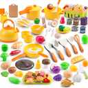 120Pcs Mini Play Kitchen Accessories, Kids Pretend Cooking Playset with Desserts, Cuttable Veggies & BBQ & Storage Basket, Educational Role-Play Gift for Toddlers, Child, Yellow