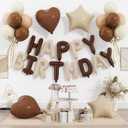 29PC Cream Brown Happy Birthday Balloon Banner, 16Inch 3D Aluminum Letter Banner Sign, Brown Apricot Dusty Ivory White Balloon 18 Inch Star Heart Foil Balloon for Women, Men Party Supply