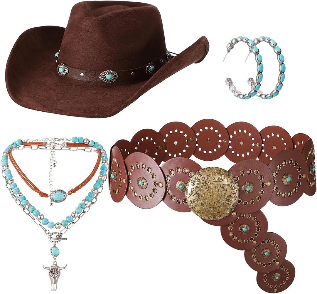 Chicingyou 4 Pcs Western Cowgirl Outfit Accessories Cowgirl Costume with Turquoise Jewelry Sets for Cowboy Party Decoration