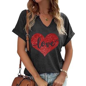 Earlymemb Womens Lover Heart Graphic V Neck Shirt Valentines Funny Couple Matching Casual Short Sleeve Tee Tops (XX-Large, C-grey-6)