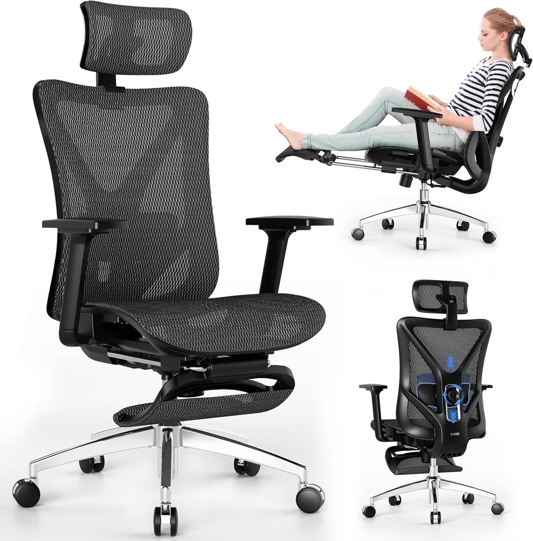 GABRYLLY Ergonomic Office Chair with Adjustable Lumbar Support, 3D Armrests & Headrest, 135 Reclining Chair with Footrest & Large Steel Base,300LBS Swivel Desk Chair(GYMN01) (Black)