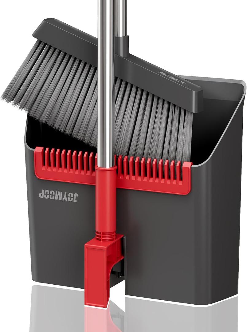 JOYMOOP Black and Red Broom and Dustpan Set, Upright Angle Design with Built-in Comb Teeth for Home, Office, Hard Floors