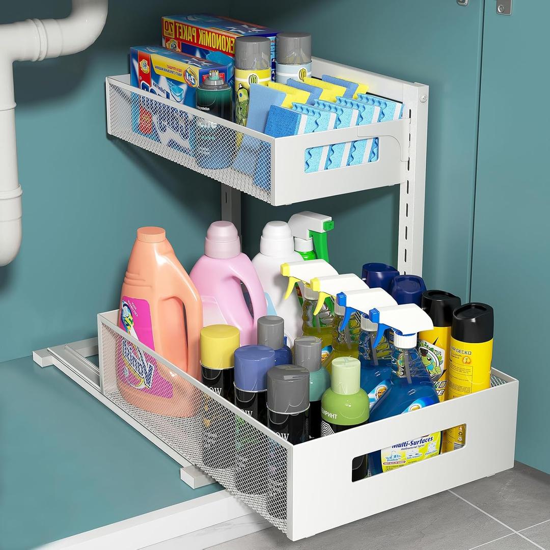 Pull-out Under Kitchen Sink Organizer, Metal Functional Under Sink Organizer, Height Adjustable Under Bathroom Sink Organizer, Under Sink Storage for Kitchen Bathroom Cabinet (White) (XL-1PCS)