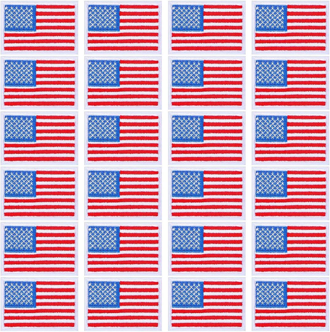 WILLBOND 24 Pcs American Flag Iron on Patch USA Patriotic Embroidery Sew on Flag Patch for for Veterans Day Cloth Military Uniform Emblem Tactical Vest Jacket Hat Backpack, 2.4 x 3.3 Inch(Red)