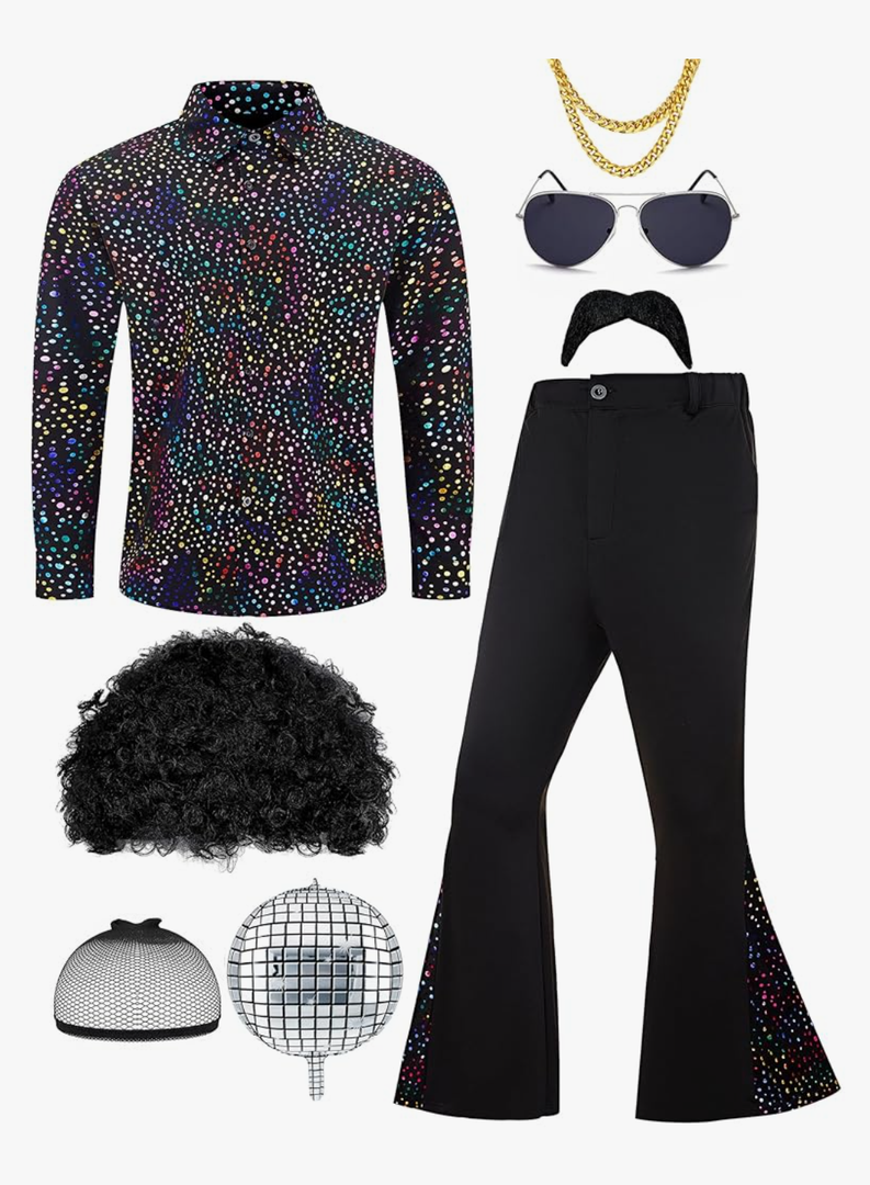 70s Disco Outfit for Men 70s Costume with Retro Shirt Bell Bottom Pants Wig Sunglasses Necklace Mustache XXL