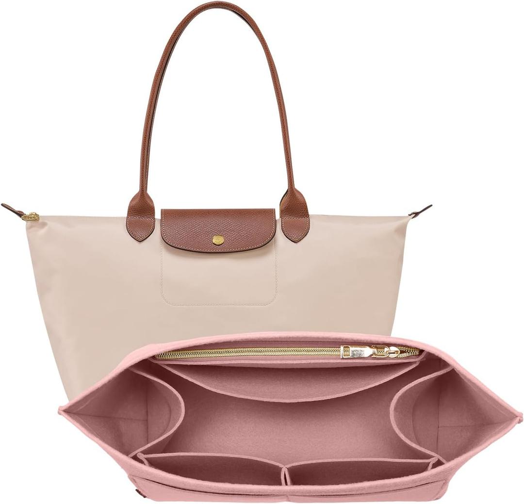 OPPOSHE Purse Organizer Insert for Longchamp Le Pliage, Premium Felt Long Champ Bag Handbag Women, Tote Organizer Insert with 9 Compartments (Medium, Pink) (M-10.4*5.7*7.9in)