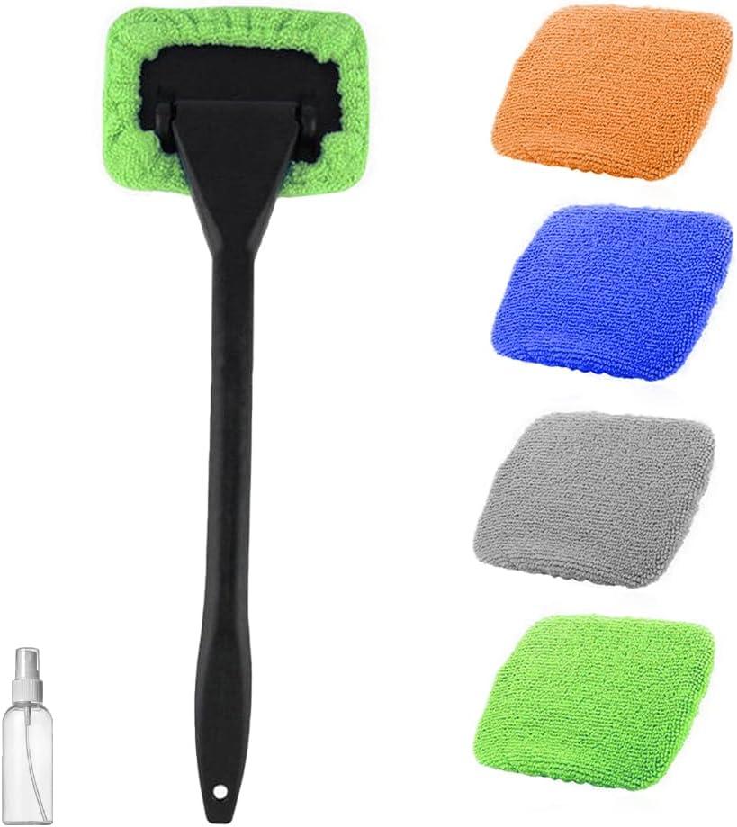 6PCS Car Windshield Cleaning Tool, Vehicle Windscreen Cleaner with 4 Washable and Reusable Microfiber Pads, Automotive Glass Wiper Cleaning Kit, Universal for SUV RV Truck