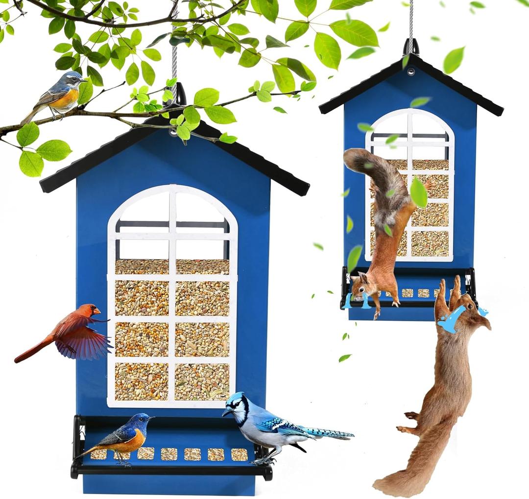 Bird Feeder Squirrel Proof Metal Hanging for Outdoor Wild Bird Seed, 5LBS with Bilateral Weight-Activated Perches, Heavy Duty Bird Feeders for Outside Wild Bird - Blue