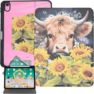 Rotating Case for iPad (A16) 11th/10th Generation 10.9'' inch 2025/2022, [Built-in Pencil Holder] PU Leather Folio Stand TPU Cover with Auto Wake/Sleep, Highland Cow with Flower