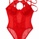 Girece Sexy Lingerie for Women Lace Lingerie Bodysuit Mesh Tummy Control Teddy Lingerie Halter Snap Crotch One Piece Lingerie Top with Underwire Bra Support (Wine Red,2XL)