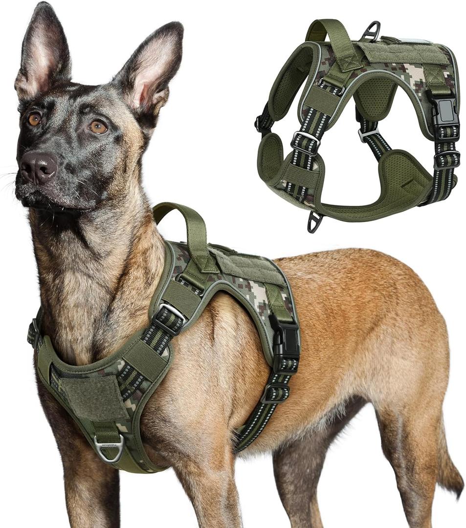rabbitgoo Tactical Dog Harness for Large Dogs, No Pull Military Service Vest with Handle & Molle, Easy Control for Training Walking, Adjustable Reflective Straps, Green camo, Size: L