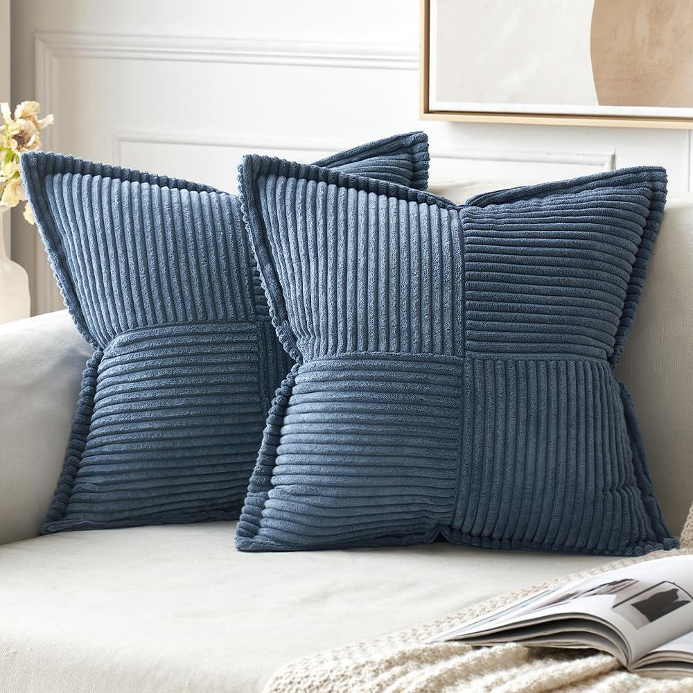 MIULEE Coastal Blue Corduroy Pillow Covers 18x18 inch with Splicing Set of 2 Super Soft Boho Striped Pillow Covers Broadside Decorative Spring Textured Throw Pillows for Couch Cushion Bed Livingroom
